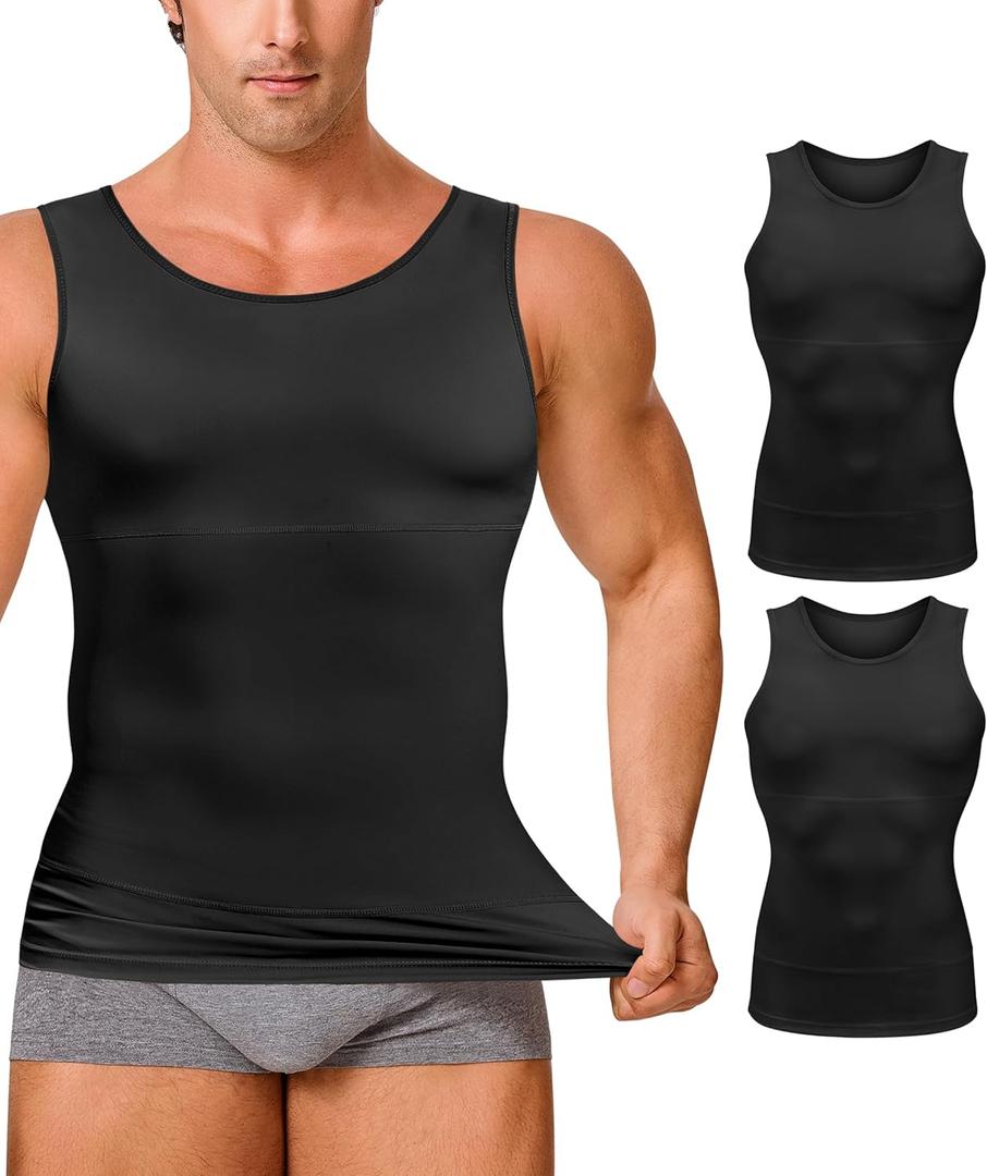 Gotoly Men Compression Shirt Shapewear Slimming Body Shaper Vest Undershirt Tummy Control Tank Top (Small, 2 Pcs Black)