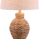 JONATHAN Y 31" Natural Woven Water Hyacinth Table Lamp for Living Room, Coastal Farmhouse Urn Bedside Lamp with Gray Linen Drum Shade, LED Bulb Included JYL1015A