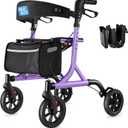 Rollator Walker for Seniors with Cup Holder, Upgraded Thumb Press Button for Height Adjustment, 4 x 8 Wheels Walker with Seat Padded Backrest Folding Lightweight Walking Aid, Purple