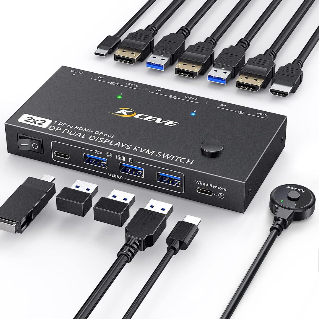 Displayport KVM Switch 2 Monitors 2 Computers 8K@60Hz4K@144Hz. USB3.0 MST KVM Switch Dual Monitor for 2 Computers Share 2 Monitors and 4 USB Devices Support Extended/Copy Mode with Desktop Controller