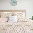 Comfort Spaces Vivian Comforter Set Ultra Soft All Season Lightweight Modern Geometric Glam Metallic Print Bedding, Matching Sham, Decorative Pillow, Full/Queen, Geometric Blush/Gold