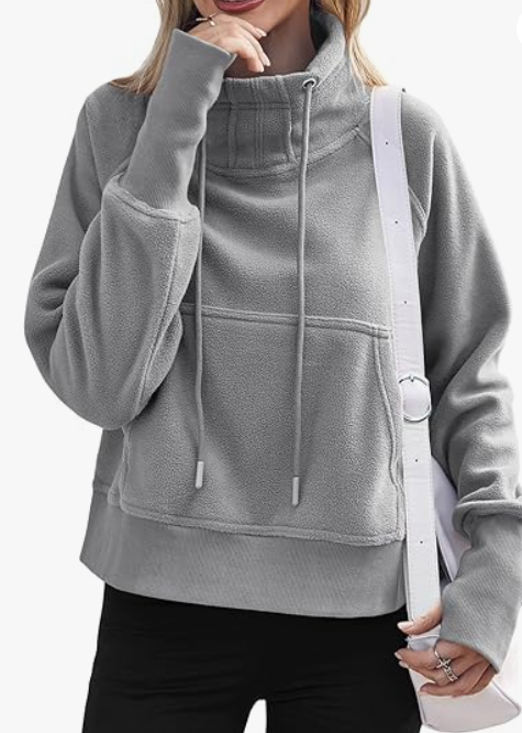 Fisoew Fleece Sweatshirts for Women Sherpa Long Sleeve Turtleneck Winter Pullover Tops Thumb Hole, Grey, XL
