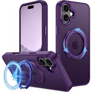 Strong Magnetic for iPhone 16 Plus Case with Stand,Fit for MagSafe,360°Rotatable Ring Designed,Translucent Matte Texture Protective Military Grade Shockproof,All Purple