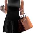Wenrine Womens Sleeveless Summer Mini Dress Mock Neck Ribbed Knit Ruffle Pleated Casual Tank Dress (X-Large, Black)