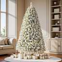7.5 FT Pre-lit Snow Flocked Christmas Tree, Artificial Spruce Christmas Tree 1100 PVC Branch Tips 350 Warm White Lights, Easy Assembly with Metal Stand and Hinged Branches Decoration