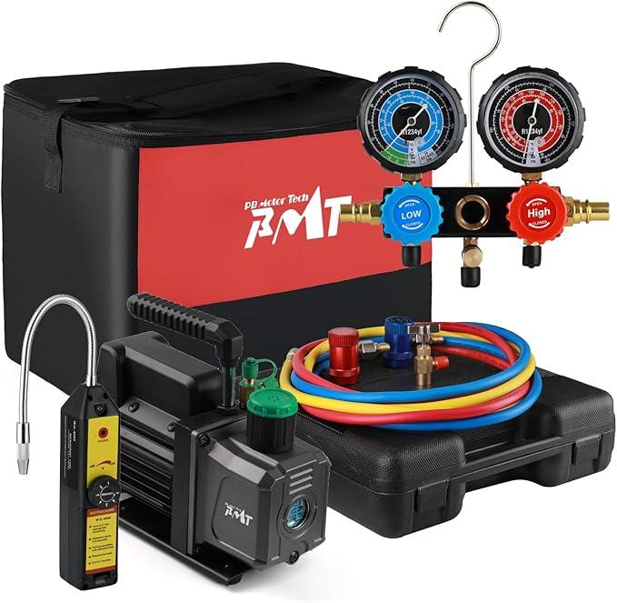 PB Motor TECH 4.5CFM 1/3HP Vacuum Pump with 3-Way R1234yf AC Manifold Gauge Set, Leak Detector, Can Tap, Quick Couplers & More Included
