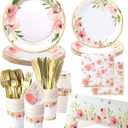 Luxury Floral Paper Plates and Napkins Party Supplies - Serves 16 - Pink and Gold Flower Decoration for Floral Baby Shower Bridal Shower Tea Party Birthday