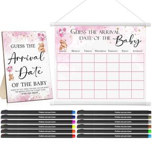 Sintuff Guess The Due Date Baby Shower Game Include 1 Pcs Guess The Arrival Date of The Baby Wooden Sign 1 Pcs Bear Predictions Sign Calendar with 12 Pcs Colored Pens for Game Party Favor(Pink)