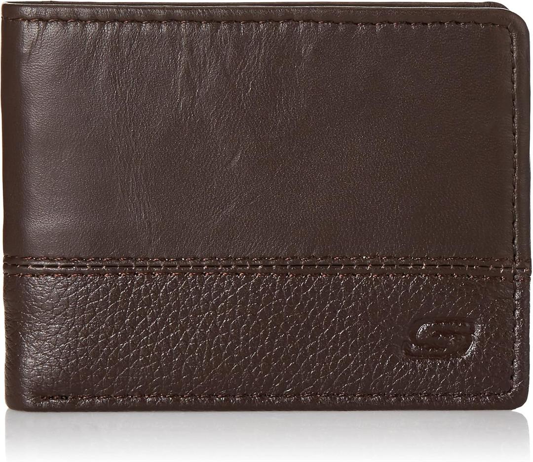 Skechers Mens Passcase RFID Leather Wallet with Flip Pocket, Brown Tonal, One Size