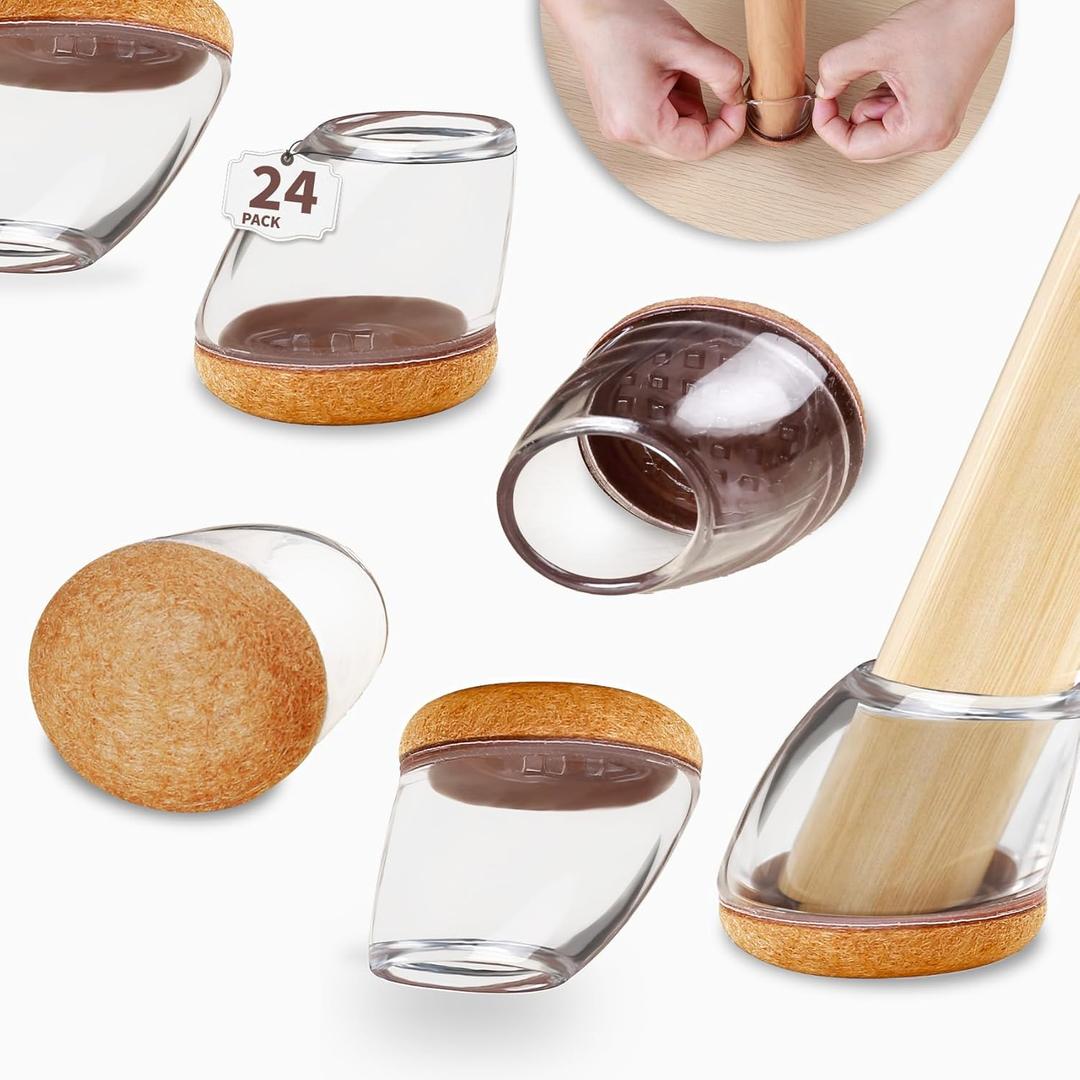 24 PCS Chair Leg Protectors for Hardwood Floors, Round Silicone Cups with Felt Pads for 15-25 Slanted Legs, Table Chair Leg Covers to Protect Floors, Anti-Scratch & Noise(Clear, Fit 1.1"-1.4")