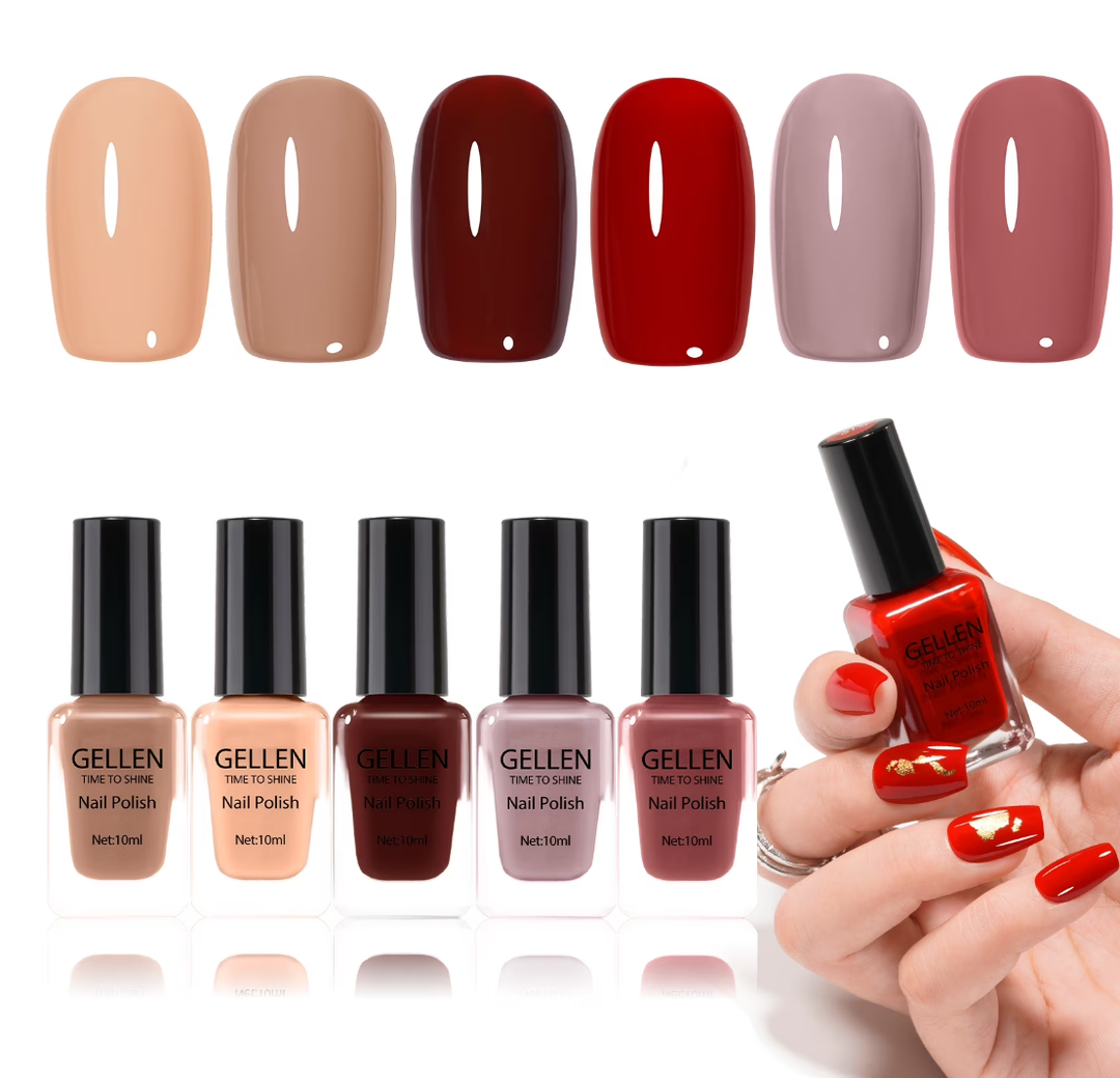 Gellen Nail Polish, Quick Air Dry 6 Colors Nail Lacquer Set Fall Warm Tone Trendy Nail Polish Kit for Nail Manicure DIY Art Home, No UV Light Needed, 10 mL