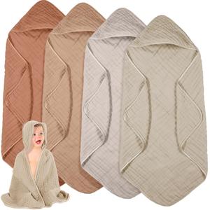 Peryiter 4 Pcs Baby Towels Cotton Muslin Hooded Baby Towels for Newborn Infant Toddler Large 32 x 32 Inch Soft Absorbent Blankets Bath Essentials Registry Gifts for Girl Boy (Brown Series)