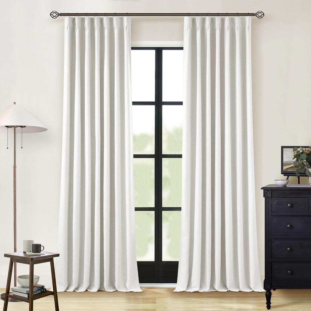 Linen Blackout Curtains 108 Inch Long 2 Panels Pinch Pleated with Hooks Rings Curtains Noise Reducing Heavy Drapes Ceiling Floor Back Tab Boho Flax Linen Drapes for Living Room Office Bedroom 9 Ft (Beige White)