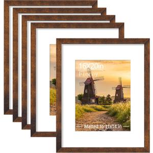 16x20 Picture Frame 5 Pack, Rustic Brown Poster Frame, Display Pictures 11 x 14 with Mat or 16 x 20 Without Mat for Horizontal or Vertical Wall Mounting, Wall Gallery Frame for Artwork Certificate