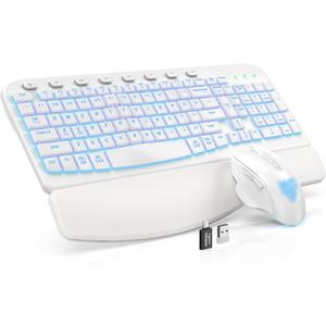 SABLUTE Ergonomic Wireless Keyboard and Mouse Combo - Wave Keyboard with Soft Leather Wrist Rest, Resistant Keys, RGB Backlit Rechargeable Set for PC/Mac/Chromebook (White)