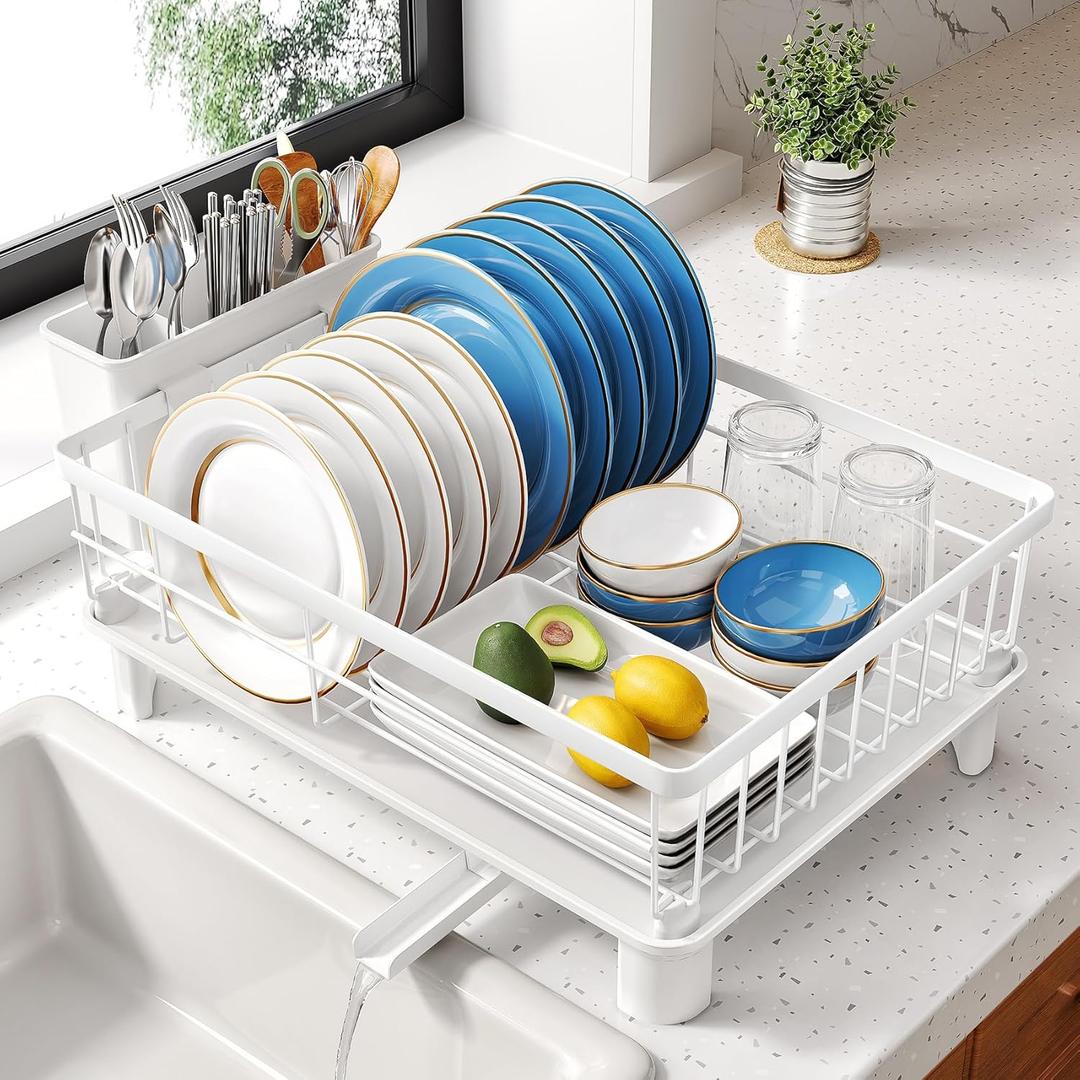 SNTD Dish Drying Rack - Small Dish Rack for Kitchen Counter, Stainless Steel Dish Drainer with Utensil Holder and Drainboard, 11" W x 15" L (White)