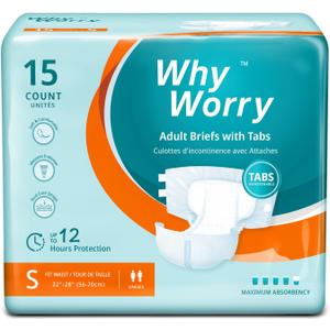 WhyWorry Adult Diapers with Tabs, Disposable Incontinence Briefs for Women & Men with Maximum Absorbency, Adult Briefs for Incontinence Overnight, Odor Control, Unisex, Small, 15 Count