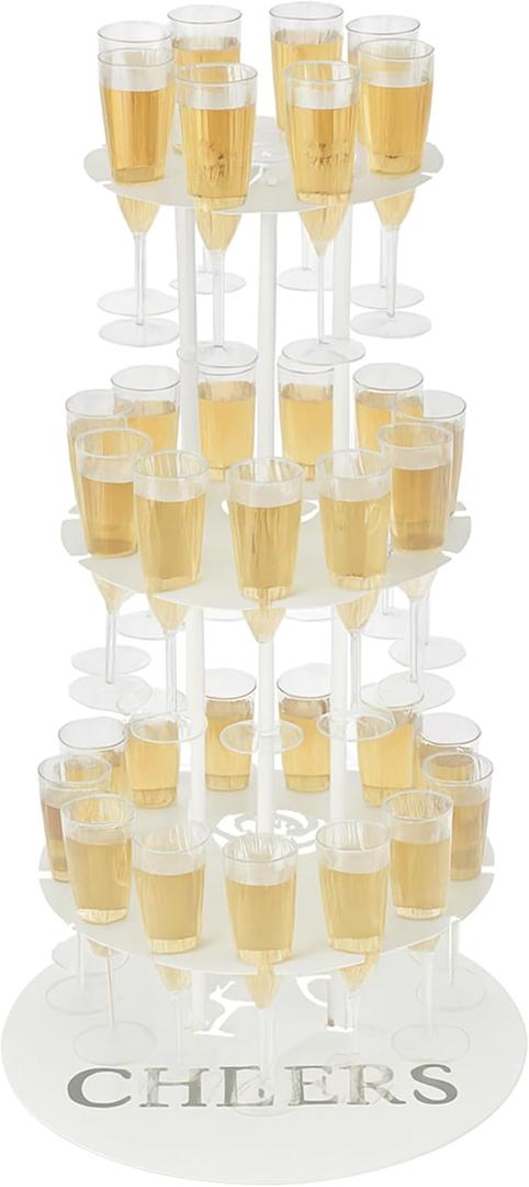 Metal Champagne Flute Holder Stand for Party – 3-Tier Champagne Tower Display Holds 32 Glasses, Champagne Stand Holder for Wedding, Event, Celebration (White)