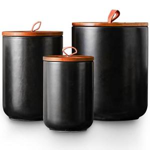 JOJUNO Black Ceramic Food Storage Canister Set (30 oz, 48 oz, 82 oz) with Bamboo Lids, 3-Piece Airtight Jars for Flour, Sugar, Coffee, Tea, Oats, Spice – Kitchen Storage Containers with Lids