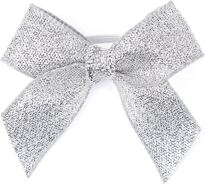 50pcs 1 Inch Stretch Elastic Loops with Pre-Tied Silver Ribbon Bows for Gift Wrapping,Baby Showers, Weddings, Christmas Boxes