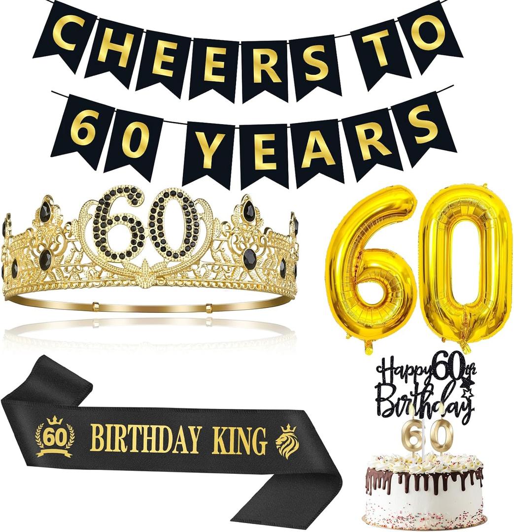 60th Birthday Gifts for Men, 60th Birthday Decorations for Men, Party Decor Supplies including King Crown & Sash & Banner & Balloons & Candles