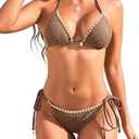 ZAFUL Women's Triangle Bikini Crochet Fishnet Tie Side Halter String Bikini Set Two Piece Swimsuit Bathing Suits (M, Coffee)