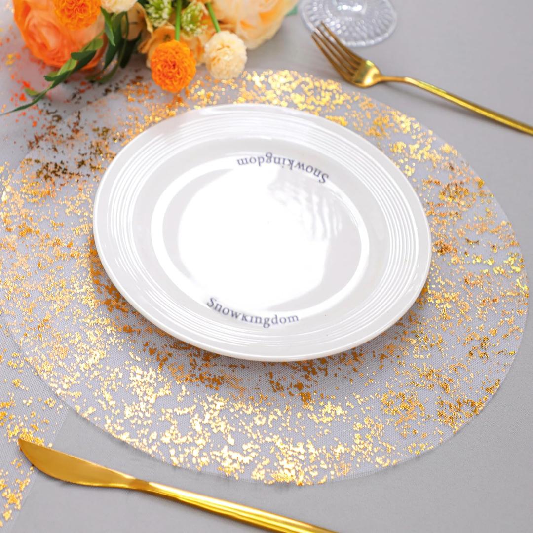 Snowkingdom Gold Placemats Set of 50, Golden Metallic Glitter Round Disposable Charger Place Mats 13" Mesh Gauze Table Mats Decoration for Party Wedding Birthday Christmas New Year Holiday