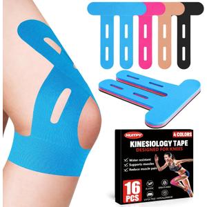 16 PCS Kinesiology Tape for Knees, 4 Colors Knee Support Tape, Precut Knee Tape for Knee Stability, Athletic Tape, Kinetic Tape for Knee (Black, Skin Color, Rose Red, Light Blue)