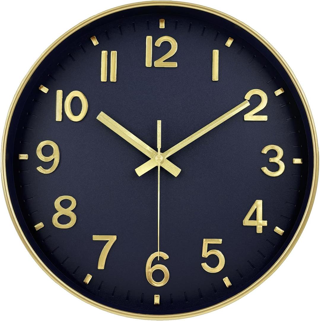 Wall Clock, 8 Inch Wall Clocks Battery Operated, Modern Non Ticking Silent Digital Analog Small Wall Clock for Bedroom Living Room Kitchen Office Gym Classroom Outdoor Clocks, Gold Blue