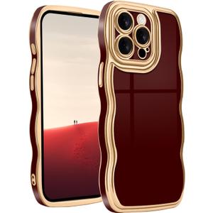 Teageo Wavy Phone Case for iPhone 13 Pro Case for Women Girls, Cute Girly Design Wavy Frame Soft TPU Silicone Shockproof Gold Electroplate Aesthetic Protective for iPhone 13 Pro, Burgundy