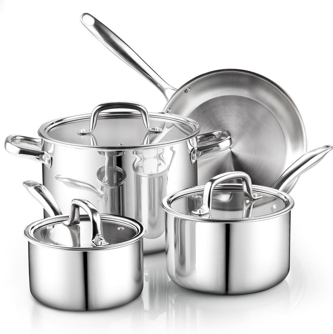 Cook N Home 7-Piece Tri-Ply Clad Stainless Steel Cookware Set, Pots and Pans Kitchen Set with Tempered Glass Lids, Induction-Ready, Dishwasher-Safe, Silver (2 Quarts) Cook N Home 7-Piece Tri-Ply Clad Stainless Steel Cookware Set, Pots and Pans Kitchen Set with Tempered Glass Lids, Induction-Ready, Dishwasher-Safe, Silver (2 Quarts)