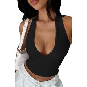 YFANG Women's Sexy Halter Deep V Neck Crop Tank Top Backless Sleeveless Slim Fitted Going Out Summer Top (Large, Black)