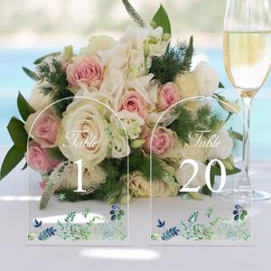 Benustra Table Numbers 1-20, 5x7 Inch Wedding Table Number for Wedding Reception 1-20, Eucalyptus Printed Clear Acrylic Table Numbers with Stands for Wedding Centerpiece Anniversary Birthday Event