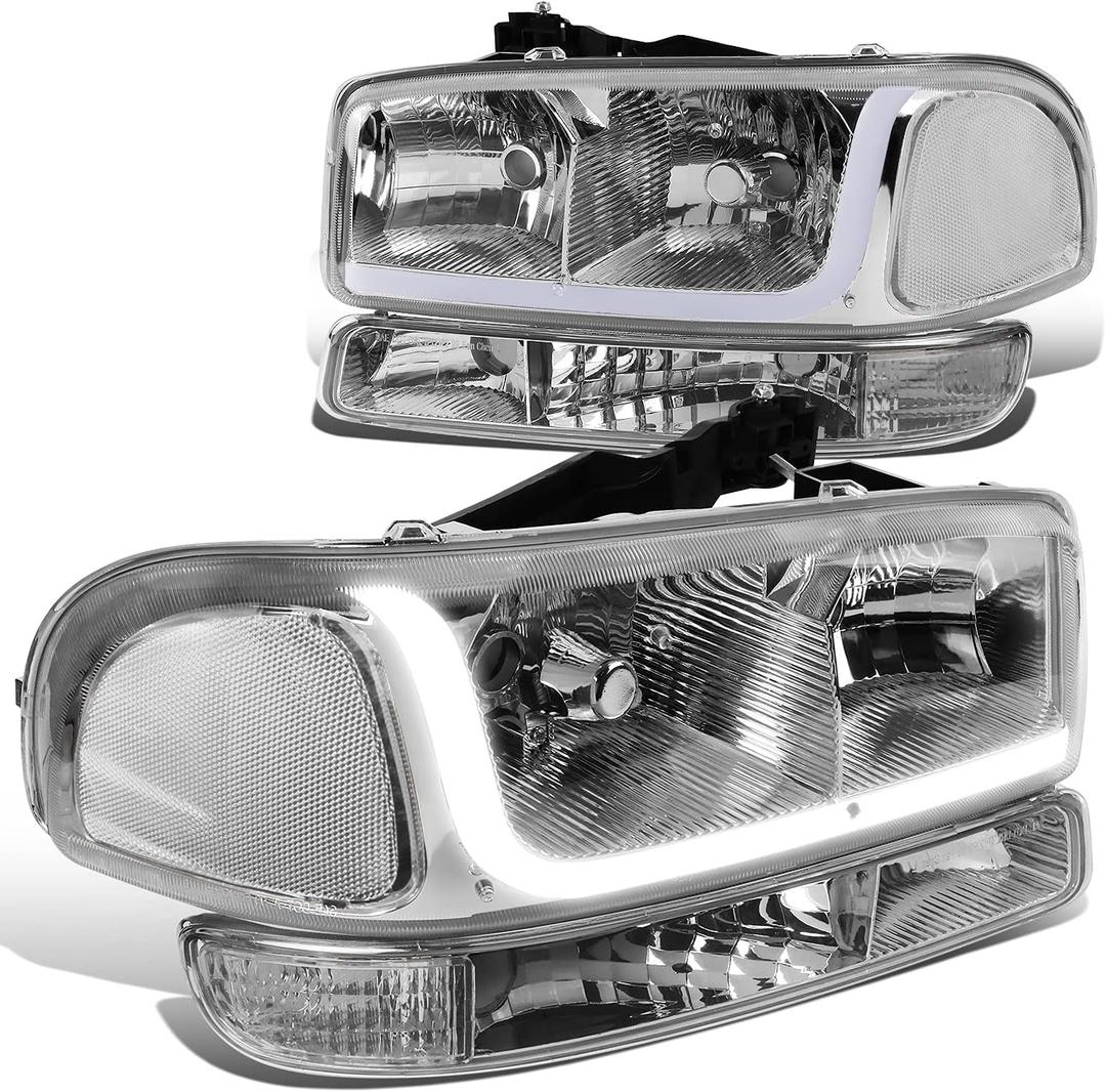 DNA MOTORING HL-LB-SIERRA99-CH-CL1 4PCs LED DRL Strip Headlight+Bumper Lamp[99-07 GMC Sierra/Yukon],Chrome Clear