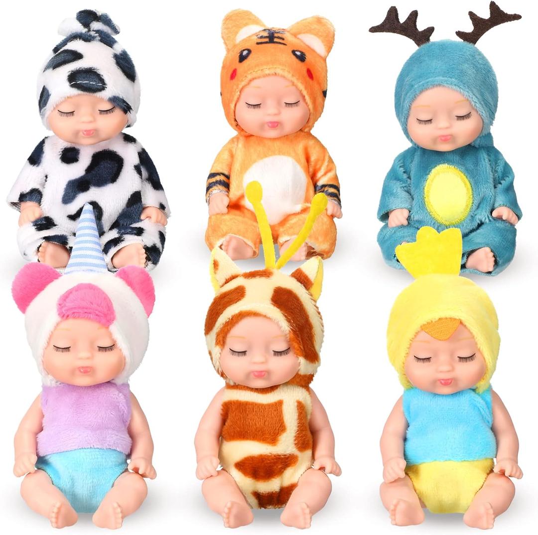 Leitee 6 Pcs 4 Inch Mini Baby Dolls With Animal Clothes - Lifelike Realistic Tiny Babies for Toddlers, Kids Birthday, Baby Shower Gifts