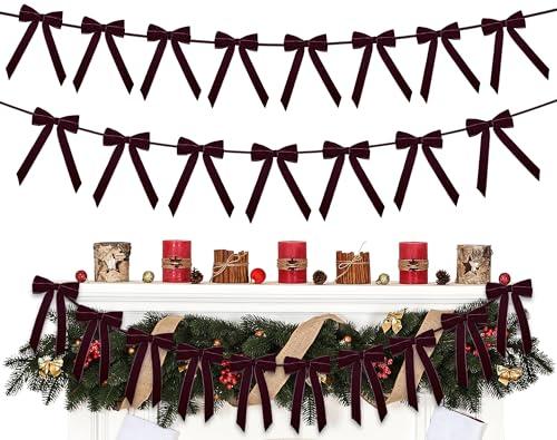 Christmas Velvet Bows Garland, 10ft Pre-Strung Christmas Garland Banner with 15 Bows, Indoor Vintage Elegant Velvet Ornaments Home Decor for Tree Mantle Stair Party Wall Office, Deep Burgundy