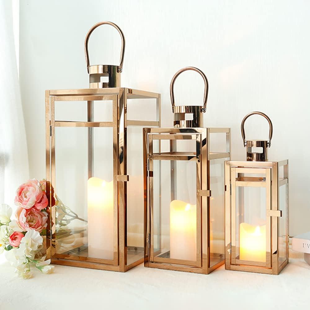 TRIROCKS Set of 3 Stainless Steel Candle Lantern 19'' High Metal Candle Holder with Clear Glass Panels Perfect for Home Decor Living Room Parties Events Tabletop Indoors Outdoors (Rose Gold) (Large)