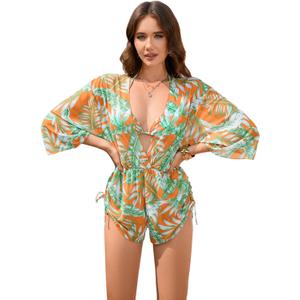 COZYEASE Women's 2025 Summer 3 Piece Swimsuits Tropical Print Bikini Set Halter Drawstring Bathing Suits with Cover Up Orange, X-Small