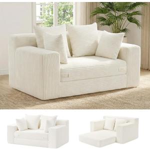 cidludto Convertible Sofa Bed, Boneless Couch 2 in 1 Loveseat Folding Couch Bed Foldable, Boneless Chair Bed & Futon Sofa, Small Couch Corduroy Pull Out Sofa with 4 Pillows for Living Room, Beige, Loveseat-55''