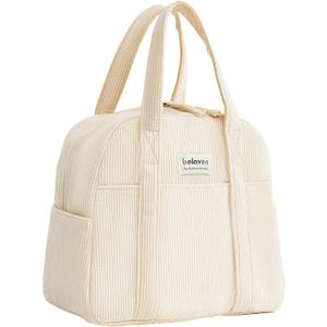 Insulated Lunch Bag for Women, 6-Hour Cold Retention Cooler Tote with Sturdy Handle, 15-Can Spacious Capacity, Leakproof Corduroy Fabric & Aluminum Foil Lining, (Beige)