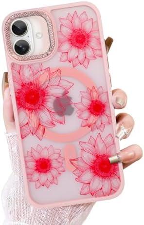 OOK Pink Case Design for iPhone 16 Case [Compatible with MagSafe], Cute Sunflower Floral Blooms Design Frosted Shockproof for Women Girls Magnetic Phone Cover - Pink Flower