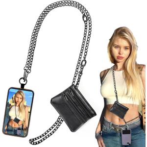 XANGNIER Clip and Go Strap for Phone with Wallet Crossbody, Phone Strap with Zippered Wallet, Adjustable Anti Theft Cellphone Lanyard for Women, Cellphone Chain Accessories,Chain Black