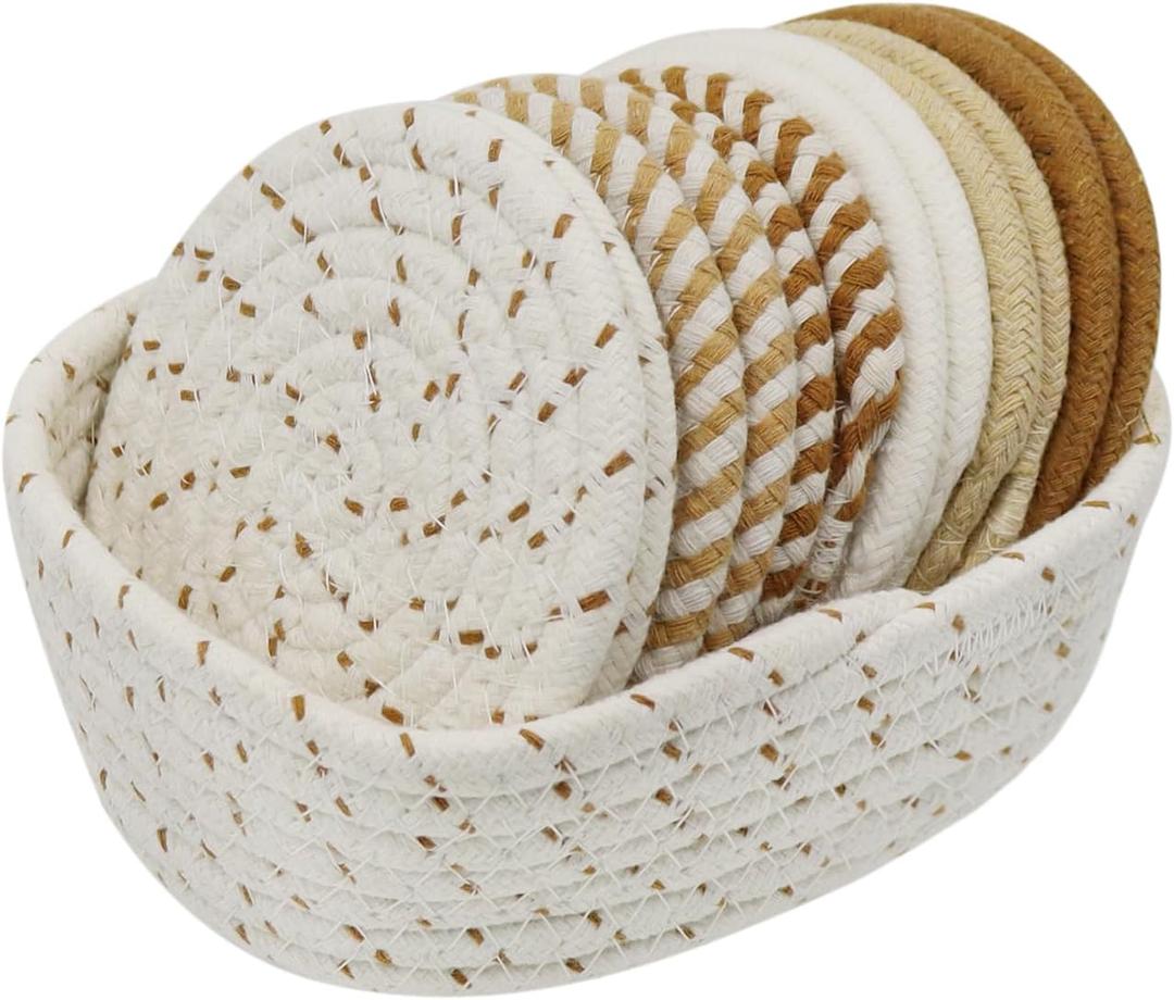 Coasters Set of 12 with Holder, Cotton Woven Absorbent Coasters for Drinks Beer Coffee, Boho Coaster for Home Decor Tabletop Protection, Suitable for Kinds of Cups, 6 Colors, 4.3 Inches