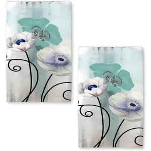 Floral Kitchen Towel Set, Quick Dry Microfiber Cloth Dish Towels 18" x 26", Ombre Art Teal White