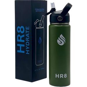 HR8 Stainless Steel Insulated Water Bottle with Straw Lid, Wide Mouth Stainless Steel Metal Water Bottle 24H Cold, 12H Hot, Leakproof, BPA-Free (Army Green, 22 Ounces - 650ml)