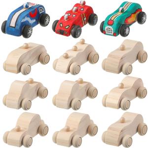 12 Pieces Wood DIY Car Toys Paintable Race Cars Unfinished Wooden Toy Painting Crafts Kit for Student Easy Woodworking Set Kid Family Activities Arts and Crafts Kit, Small