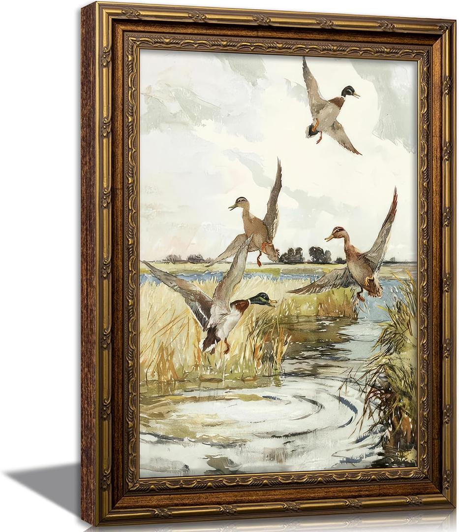 Vintage Gold Framed Flying Duck Canvas Wall Art Country Mallard Duck Wildlif Painting Picture Wall Decor Retro Rustic Landscape Poster Print Artwork for Living Room Bedroom Office Home Decoration, 24"L x 16"W