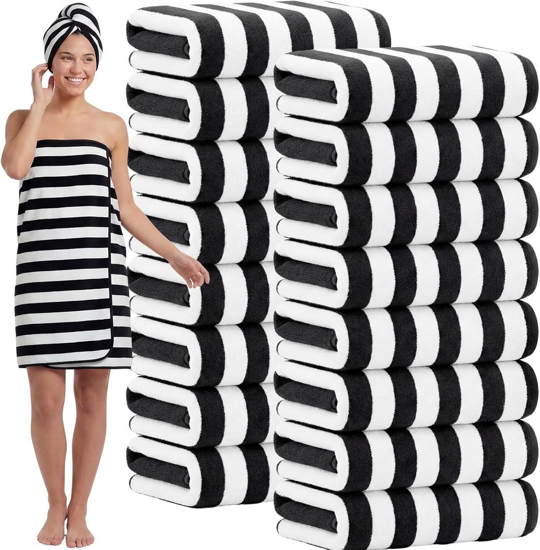 SmoothNovelty 16 Pack Microfiber Bath Towels Bulk,Black,Stripe