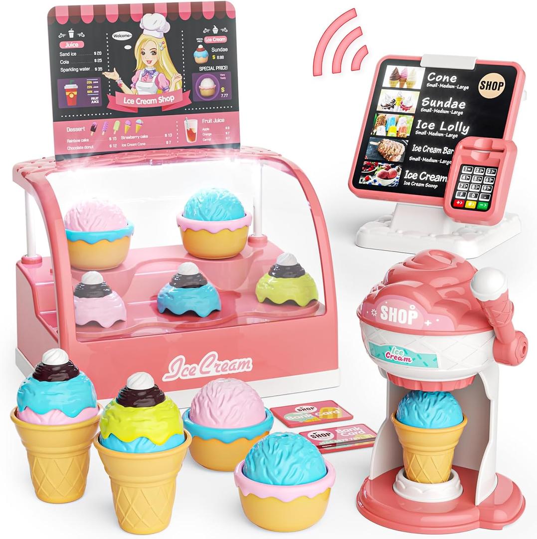 Ice Cream Toys Set, Pretend Play Shop Store, Ice Cream Counter with Light, Ice Cream Maker Playset, Cashier Toy with Sound, Kitchen Accessories Fake Food&Card, Gift for Toddlers Girls Boys 3+