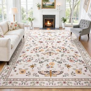 Rug for Living Room 8x10, Soft Washable Area Rugs for Bedroom, Floral Butterfly Low Pile Modern Insect Carpet Non Slip Thin Large Throw Carpets for Dining Room Kitchen Home Office, Beige